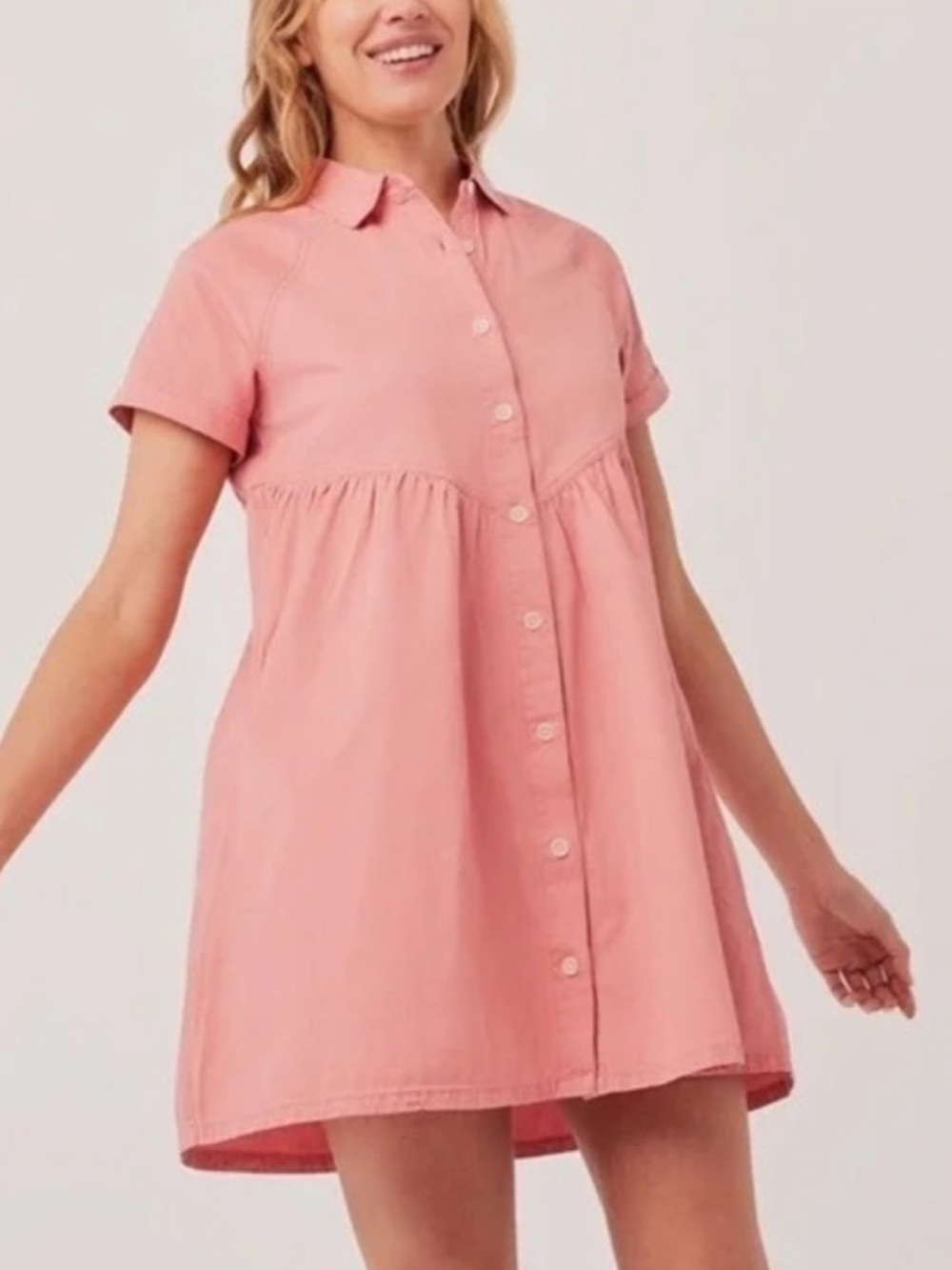 Pact 100% Organic Cotton Chambray Denim Short Sleeve Shirt Dress Small Sand Pink - Picture 2 of 9